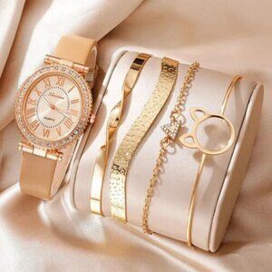 Women's Quartz Watch Luxury Leather Band Analog Wrist Watch & bracelet set